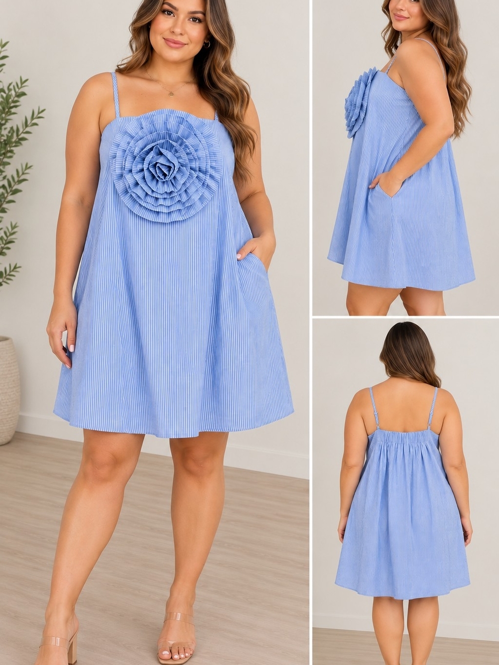 Sugarlips Light Blue Striped Floral Appliqué Sundress